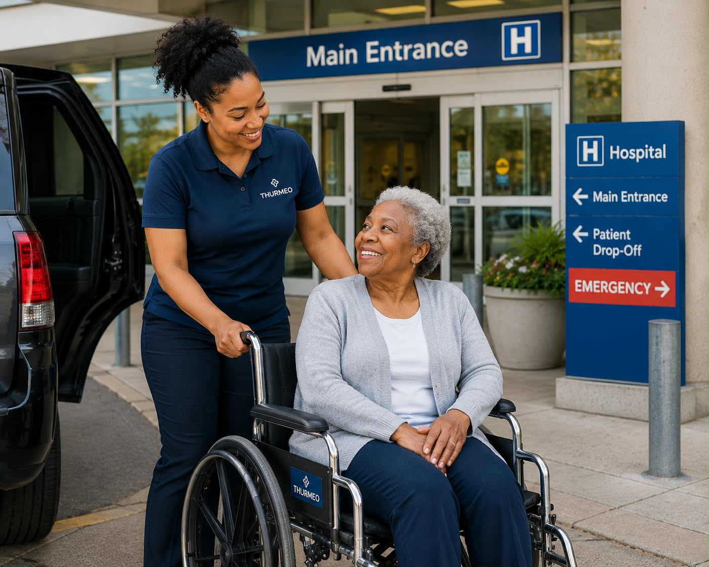 Thurmeo caregiver accompanying a client to a hospital appointment