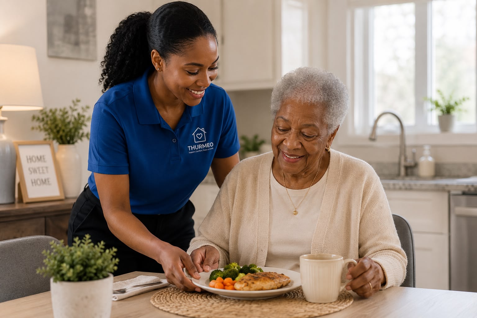 Thurmeo caregiver serving a home-cooked meal