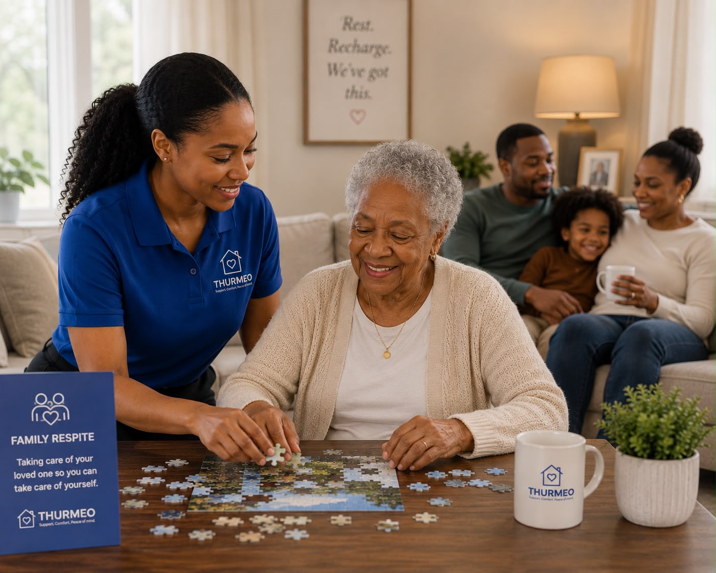 Thurmeo caregiver helping a client with a puzzle while family relaxes nearby