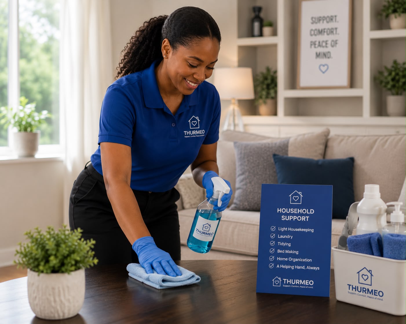 Thurmeo caregiver tidying a living room as part of household support
