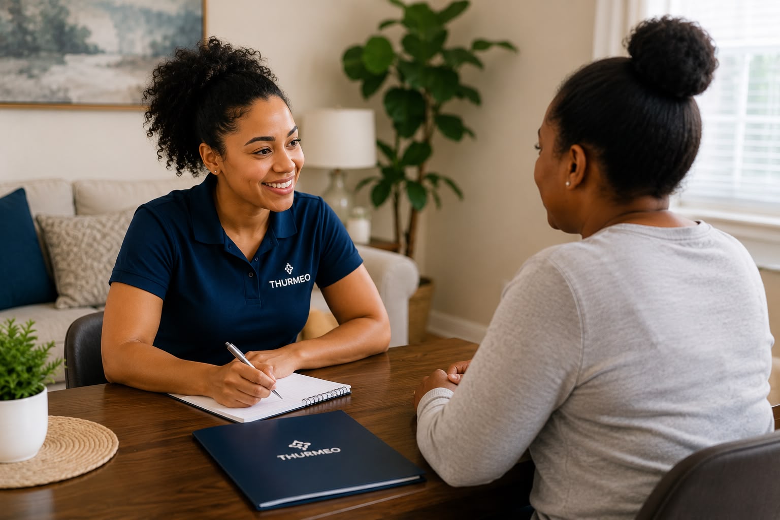Thurmeo caregiver discussing a personalized support plan with a client