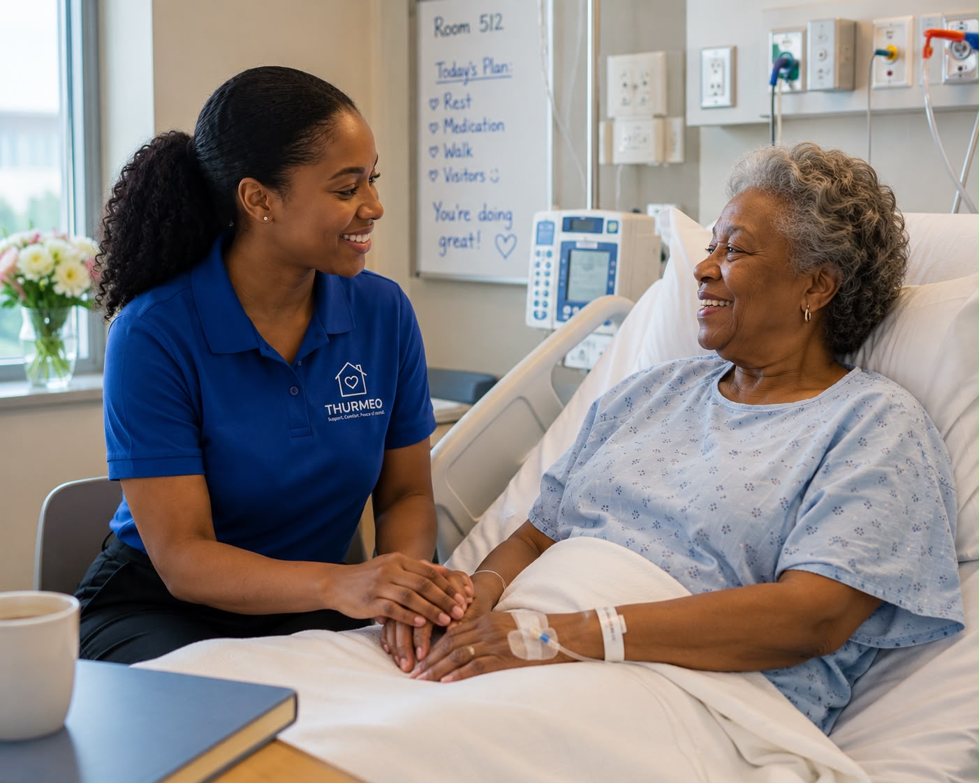 Thurmeo caregiver providing comfort and support at a client's bedside