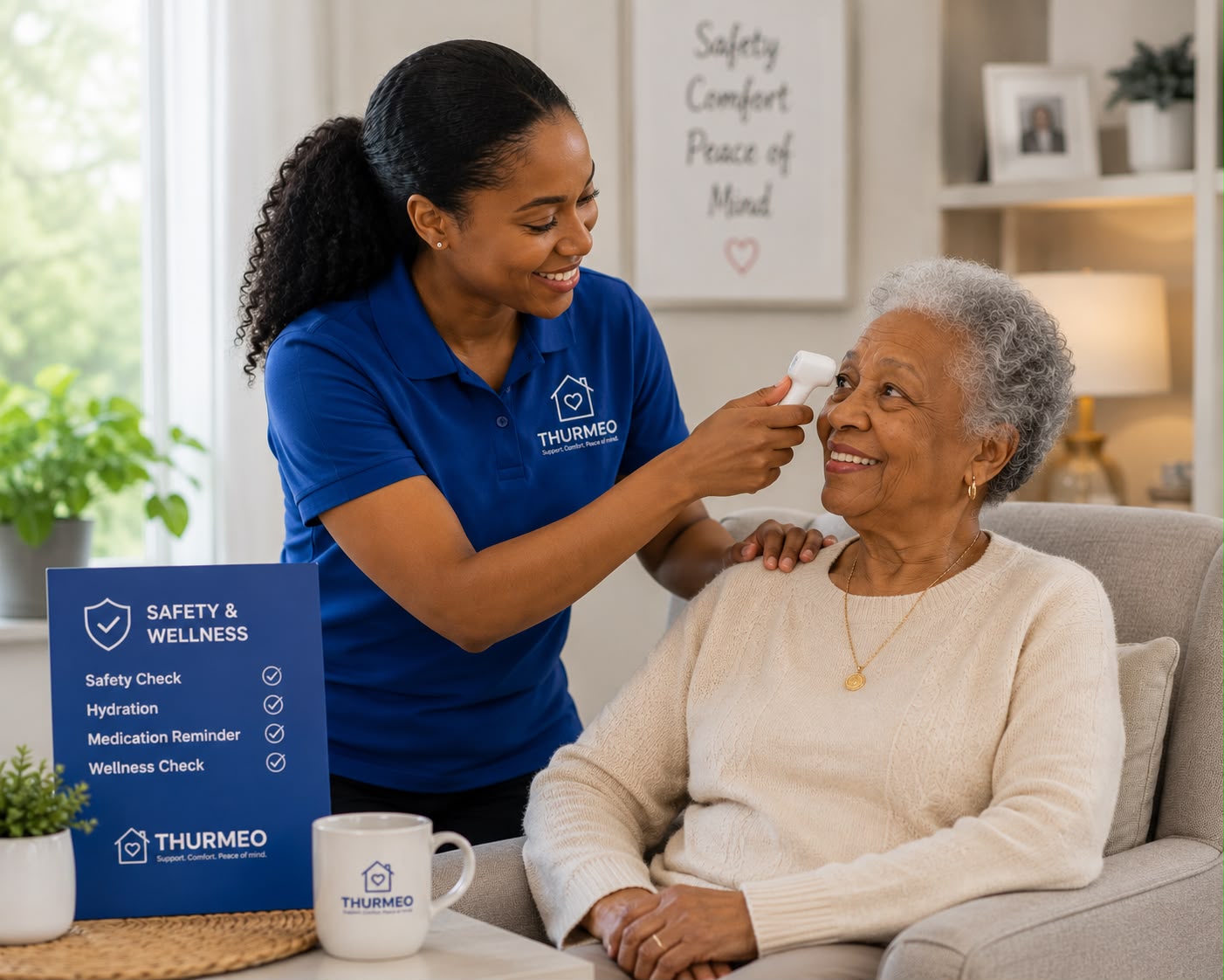 Thurmeo caregiver performing a wellness check on a client at home