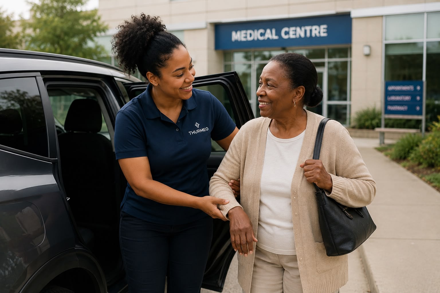 Thurmeo caregiver helping a client into the car outside a medical centre